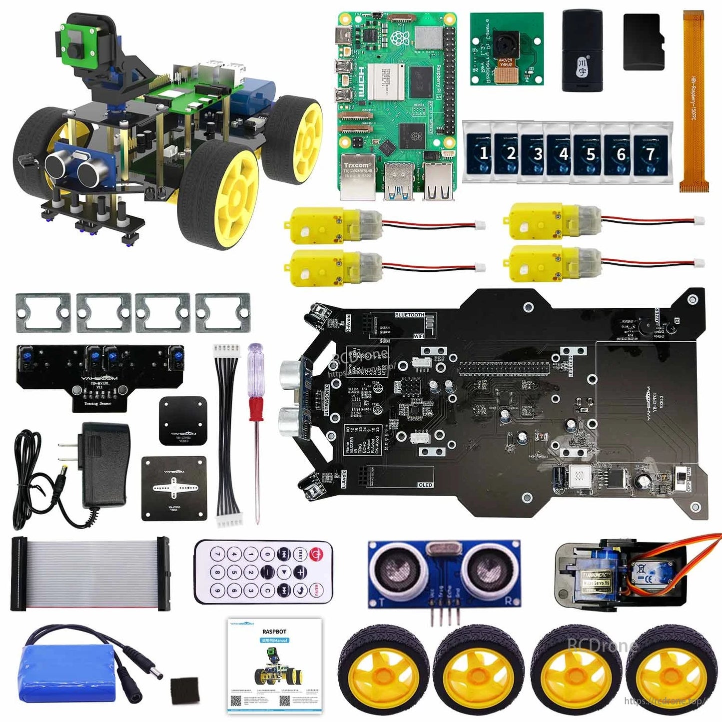 Complete kit parts with robot car, Raspberry Pi board, camera module, chassis PCB, motors, wheels and battery