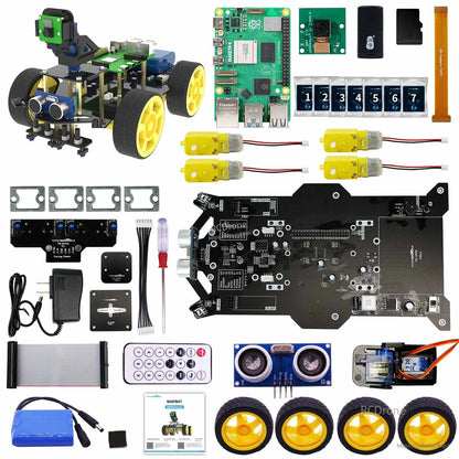 Complete kit parts with robot car, Raspberry Pi board, camera module, chassis PCB, motors, wheels and battery