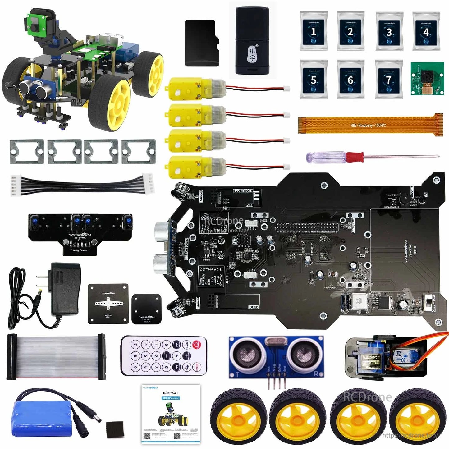 Raspbot robot car kit contents with chassis PCB, four motors, wheels, ultrasonic sensor, remote, battery pack