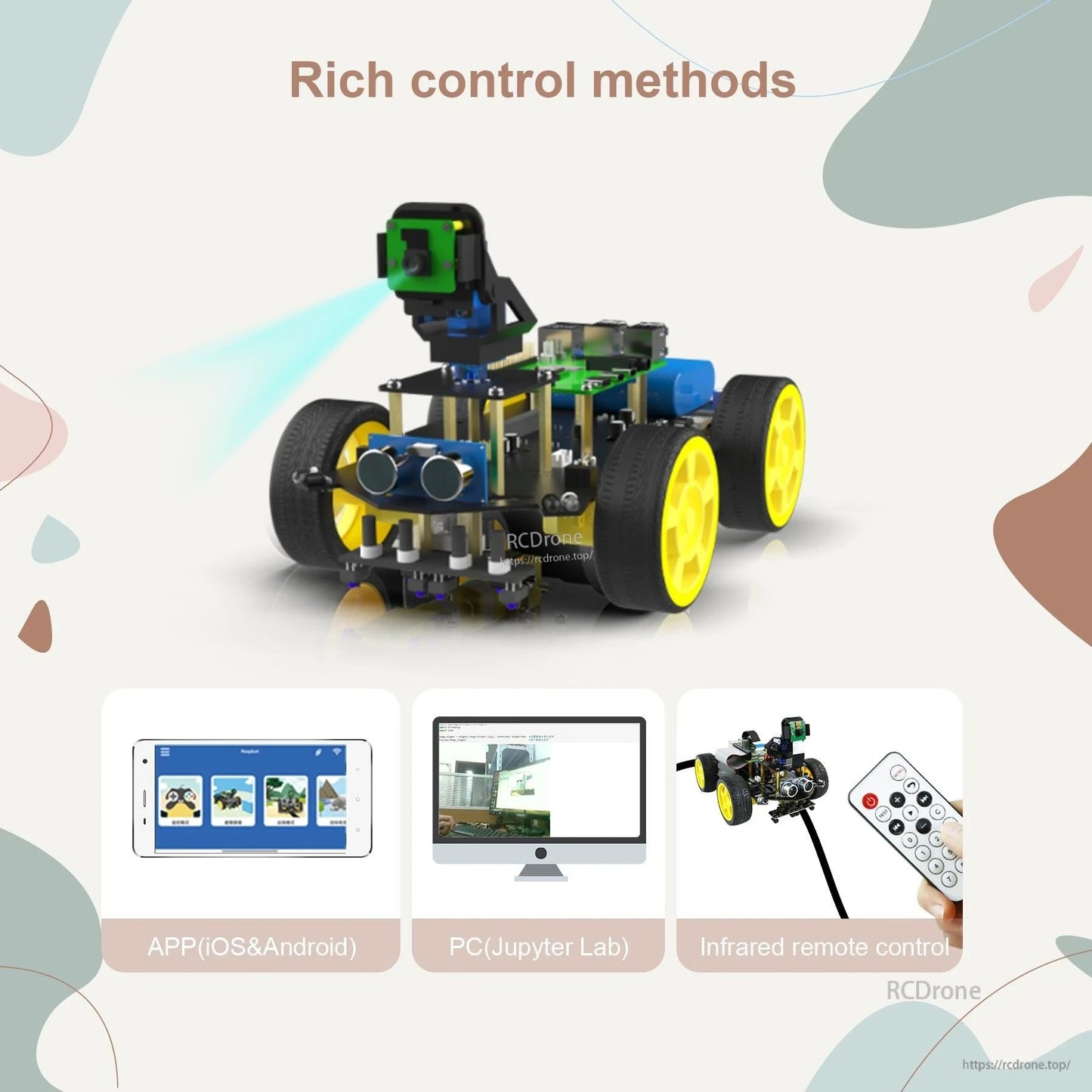 Robot car control methods graphic showing mobile app, PC JupyterLab control, and infrared remote control