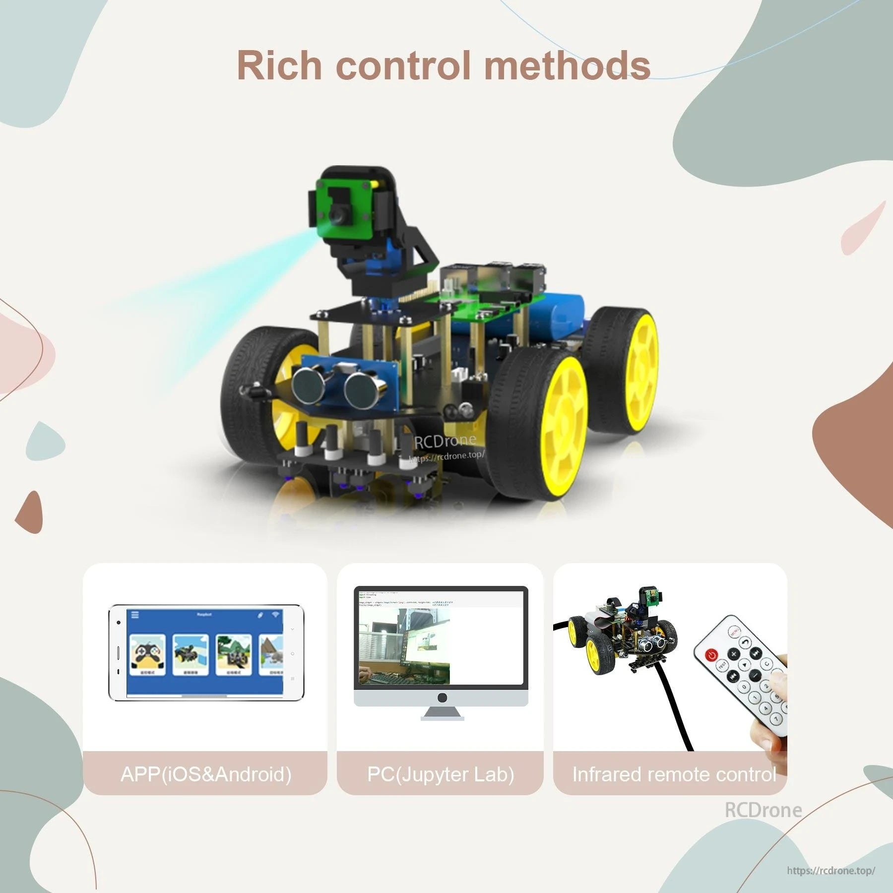 Robot car control methods graphic showing mobile app, PC JupyterLab control, and infrared remote control
