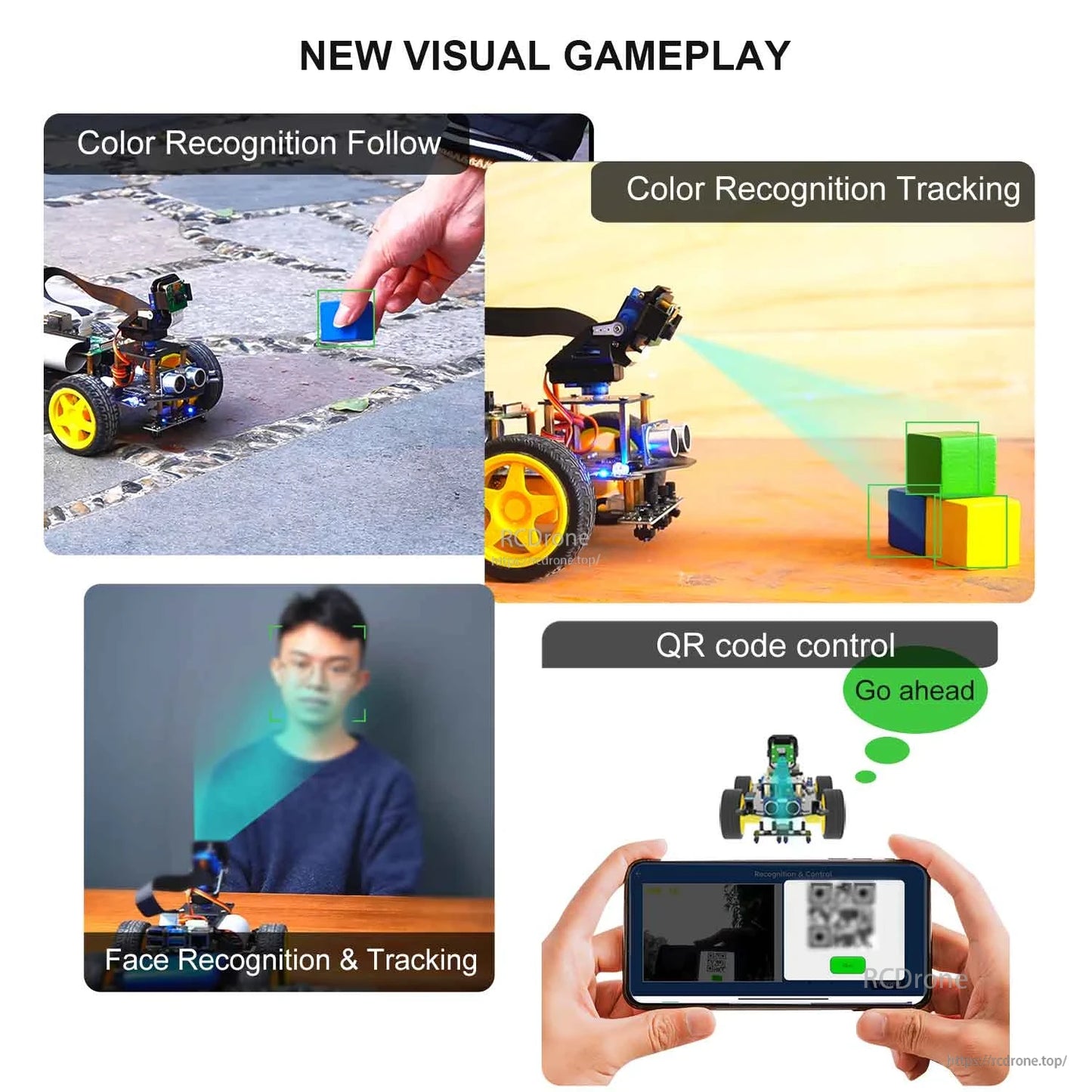 AI vision demo collage: color recognition follow, color tracking and QR code control on smartphone interface