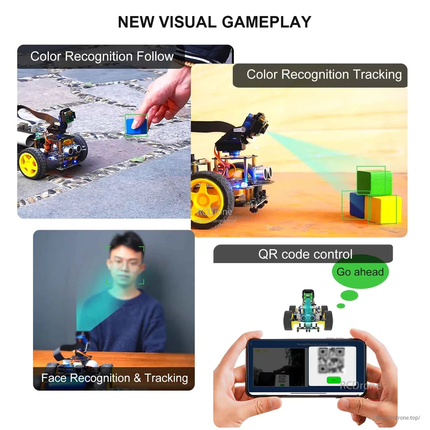 AI vision demo collage: color recognition follow, color tracking and QR code control on smartphone interface