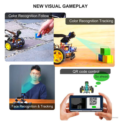 AI vision demo collage: color recognition follow, color tracking and QR code control on smartphone interface