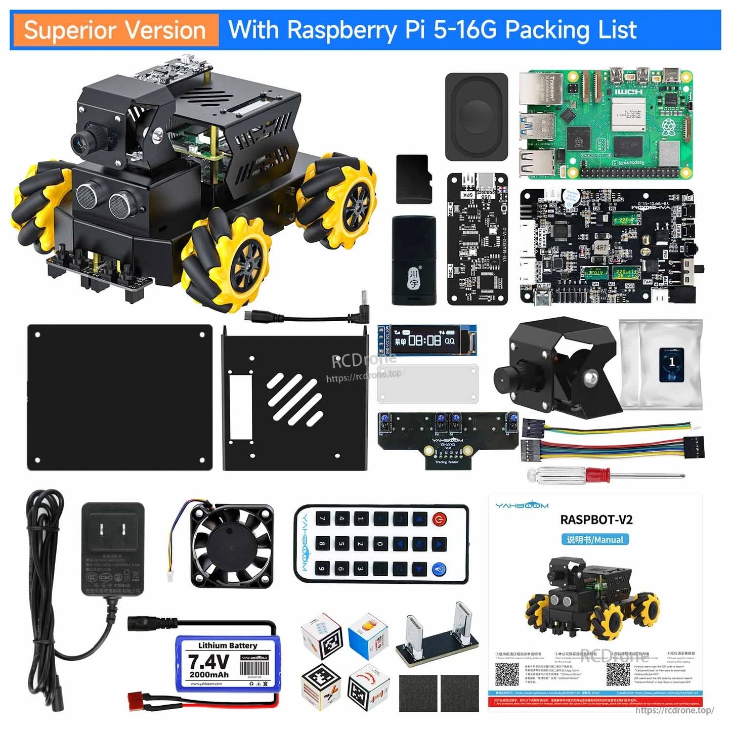 Yahboom Raspbot V2 Raspberry Pi 5 Robot, Yahboom Raspbot V2 Raspberry Pi robot kit packing list with mecanum-wheel chassis, Pi board, batte.