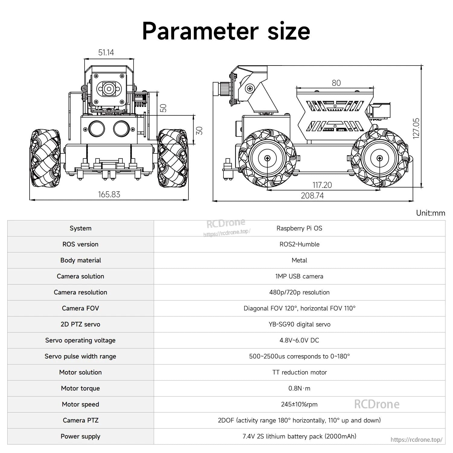 Raspbot V2 parameter size drawing with dimensions and spec table including camera, servo and battery details