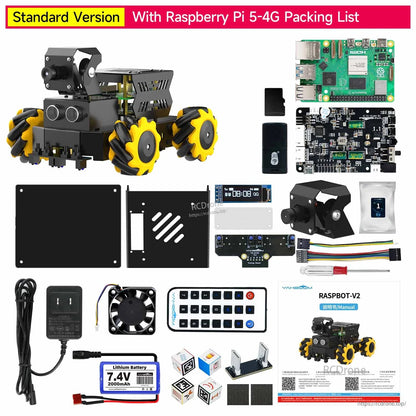 Standard version packing list with Raspberry Pi 5 4GB, parts layout and accessories included