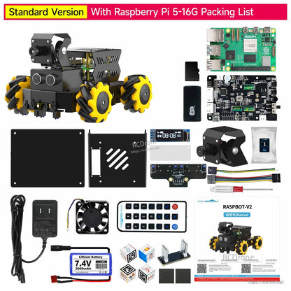 Standard version packing list with Raspberry Pi 5 16GB, kit parts, battery, remote and manuals shown