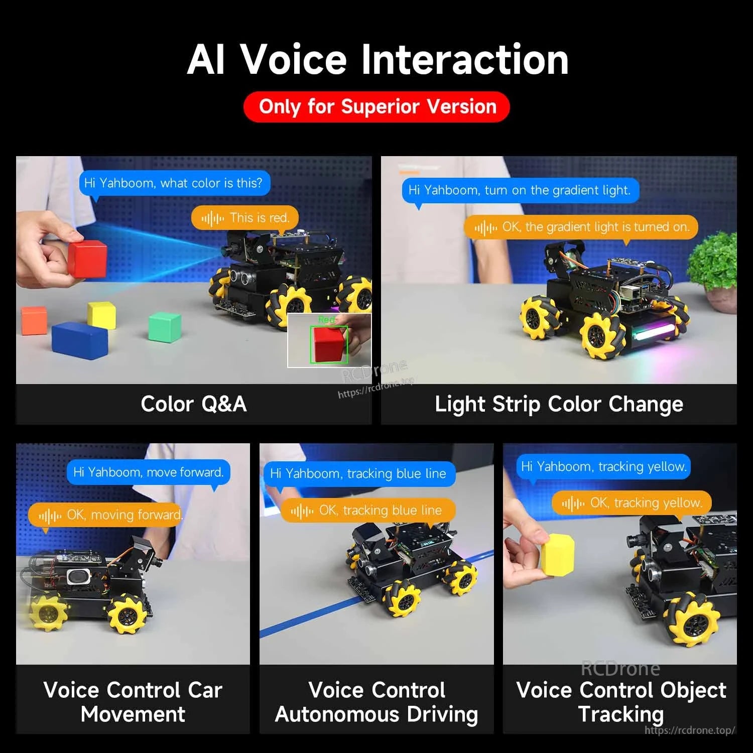 AI voice interaction demo screens showing color Q&A, light strip control, movement and object tracking