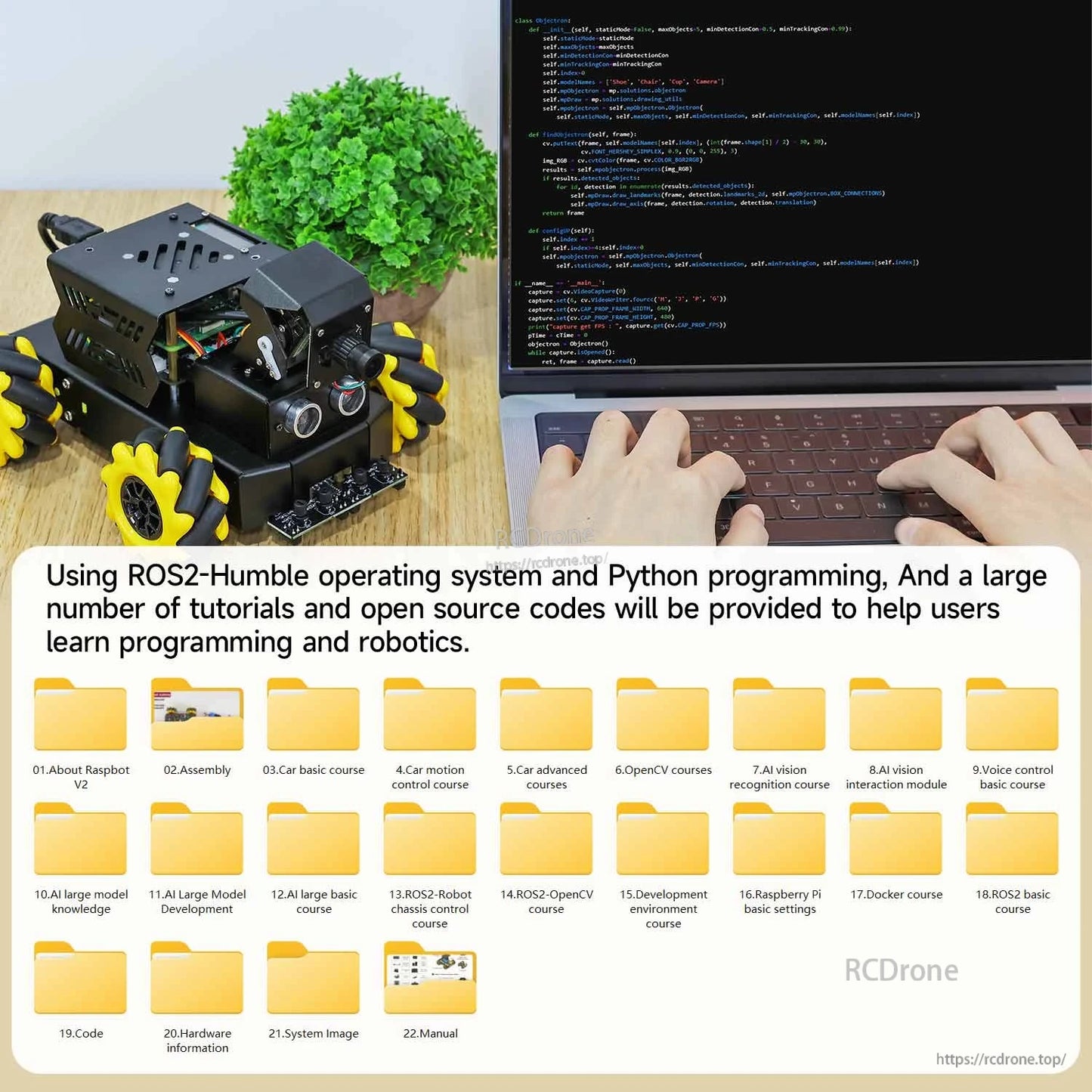 ROS2 Humble and Python programming resources shown with code editor and course folder list