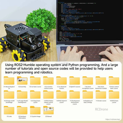 ROS2 Humble and Python programming resources shown with code editor and course folder list