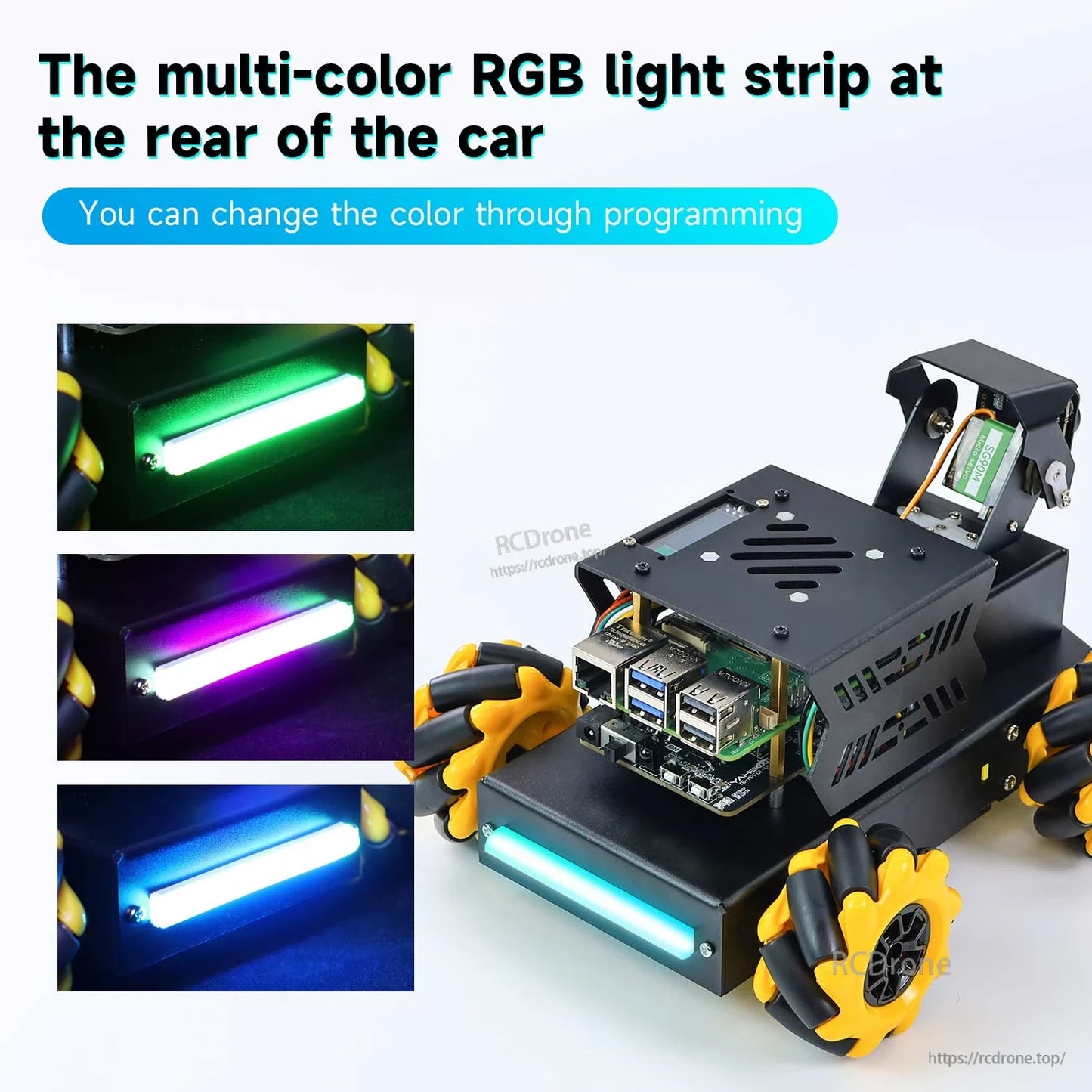 Rear RGB light strip color change examples and Raspberry Pi 5 USB/ethernet ports visible inside chassis