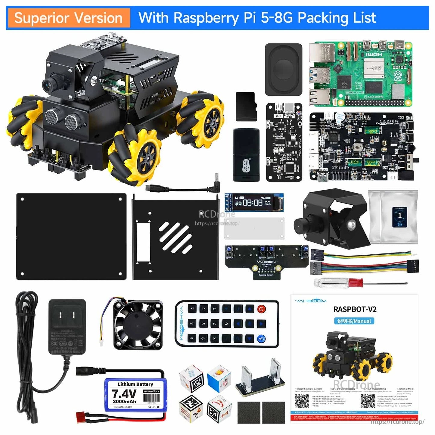 Superior version packing list with Raspberry Pi 5 8GB, kit components, camera unit, battery and remote