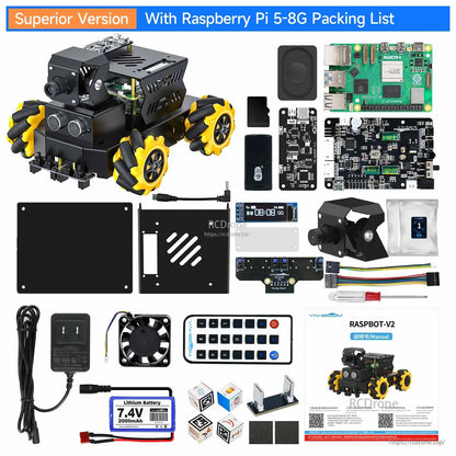 Superior version packing list with Raspberry Pi 5 8GB, kit components, camera unit, battery and remote