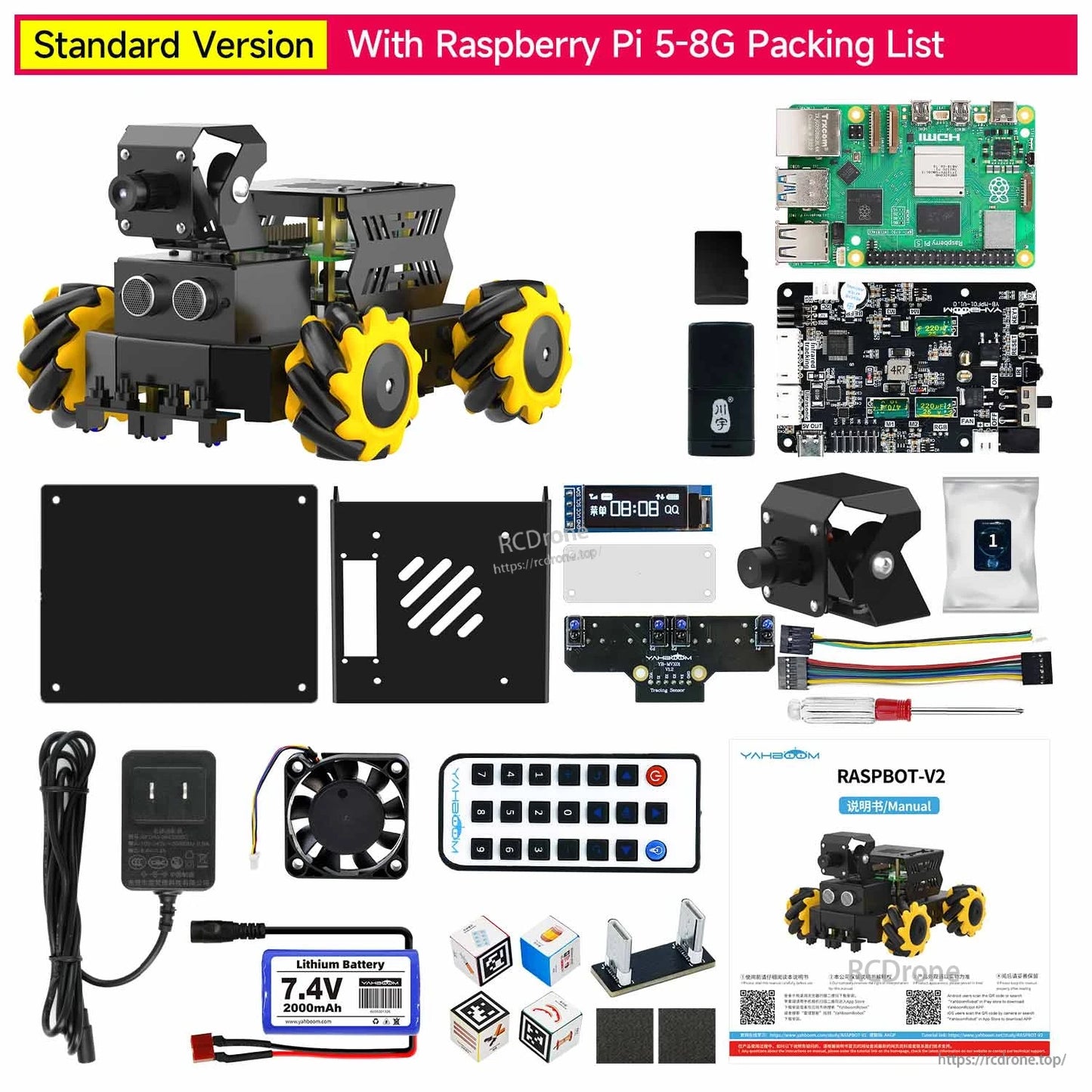 Standard version packing list with Raspberry Pi 5 8GB, included boards, camera module and accessories