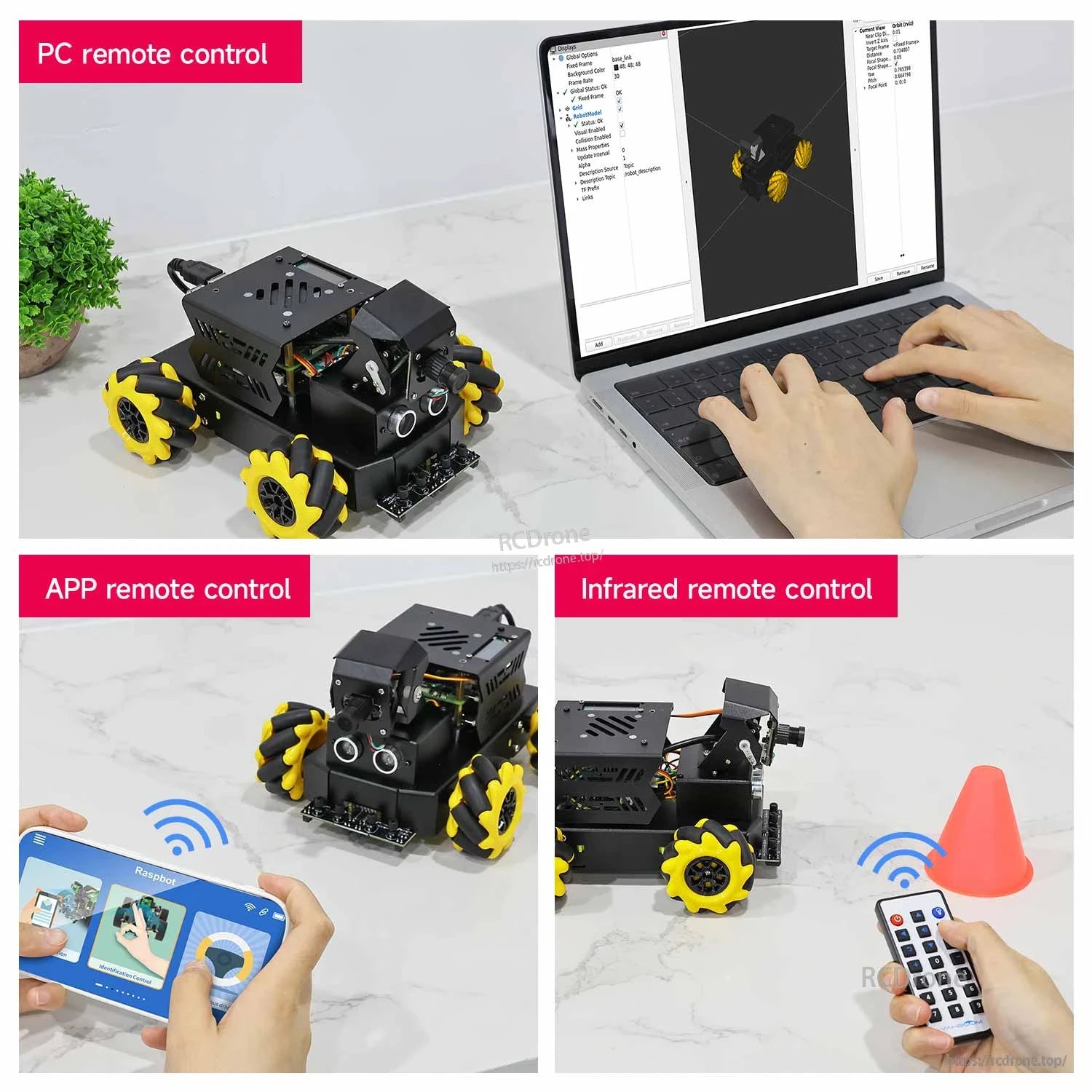 Remote control options shown: PC control, mobile app control, and infrared remote control