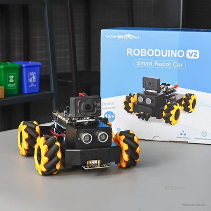 Roboduino V2 smart robot car shown in front of retail box packaging on tabletop