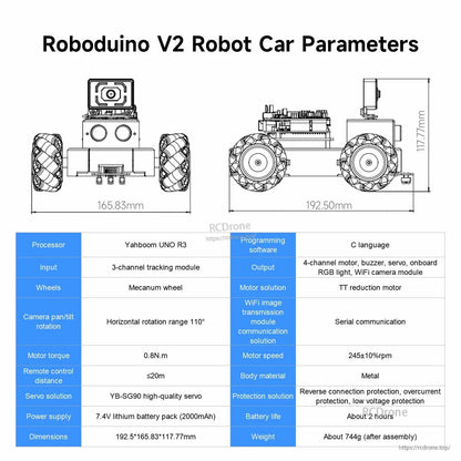 Roboduino V2 robot car parameters diagram with dimension drawings and specification table