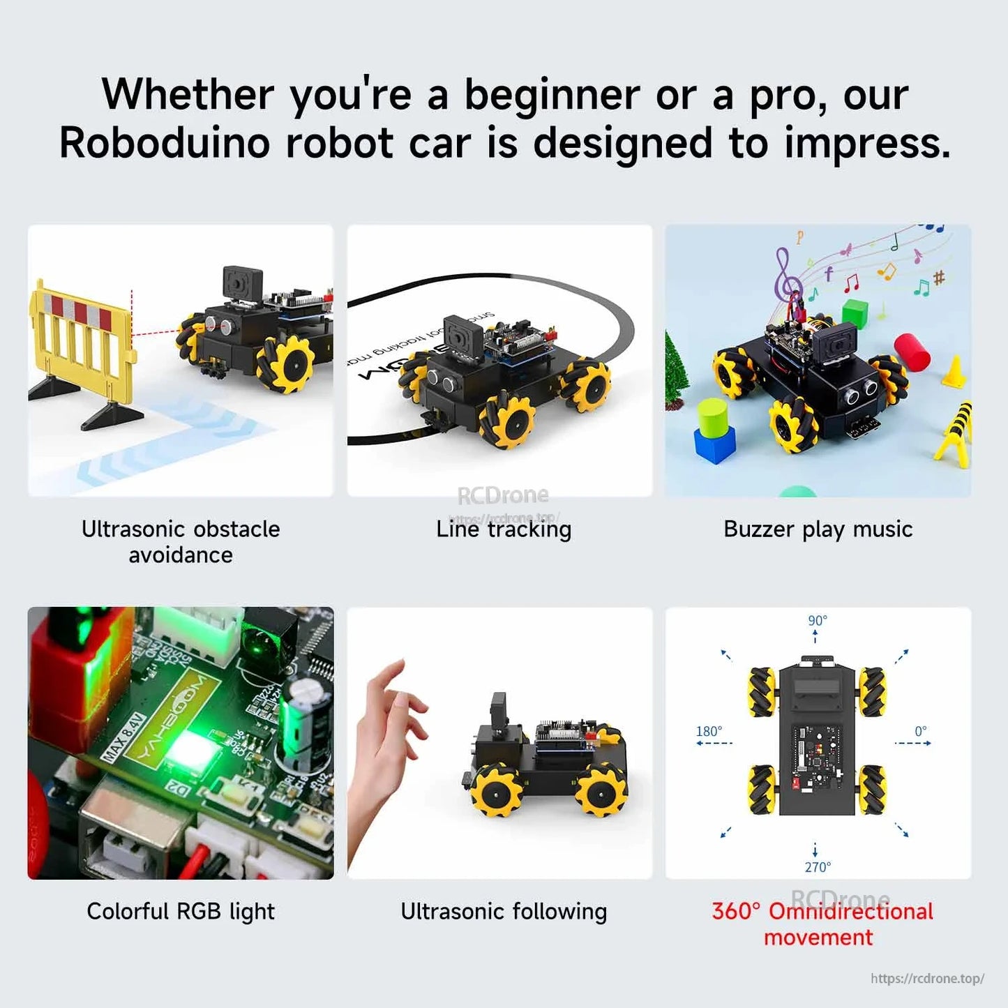 Roboduino robot car feature collage: obstacle avoidance, line tracking, RGB lights, buzzer and 360° movement
