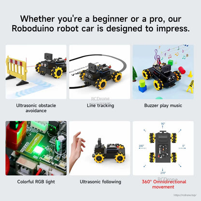 Roboduino robot car feature collage: obstacle avoidance, line tracking, RGB lights, buzzer and 360° movement