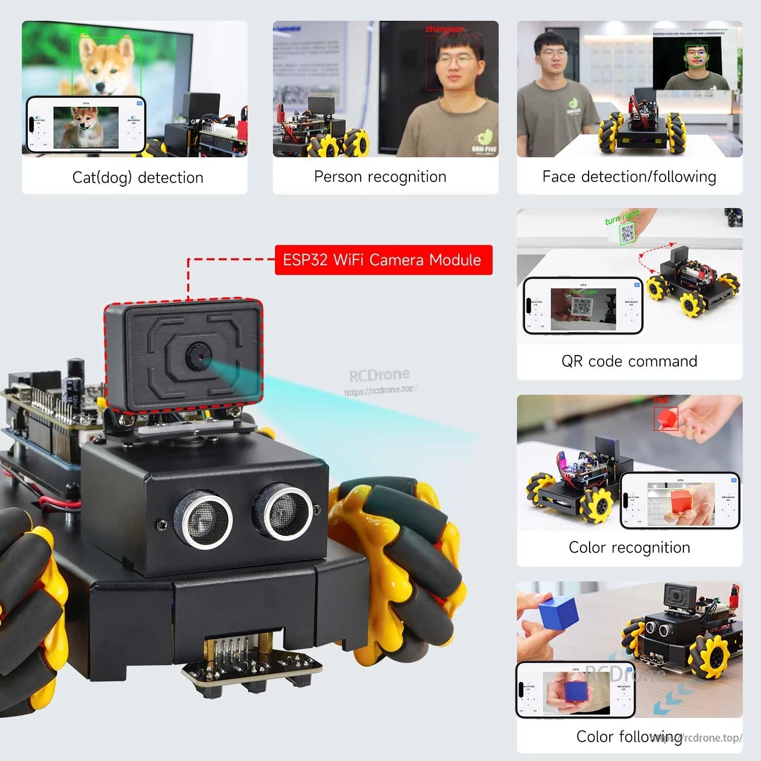 Yahboom Roboduino V2 AI Vision Robot feature graphic showing camera module and AI vision modes on phone