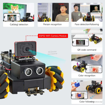 Yahboom Roboduino V2 AI Vision Robot feature graphic showing camera module and AI vision modes on phone