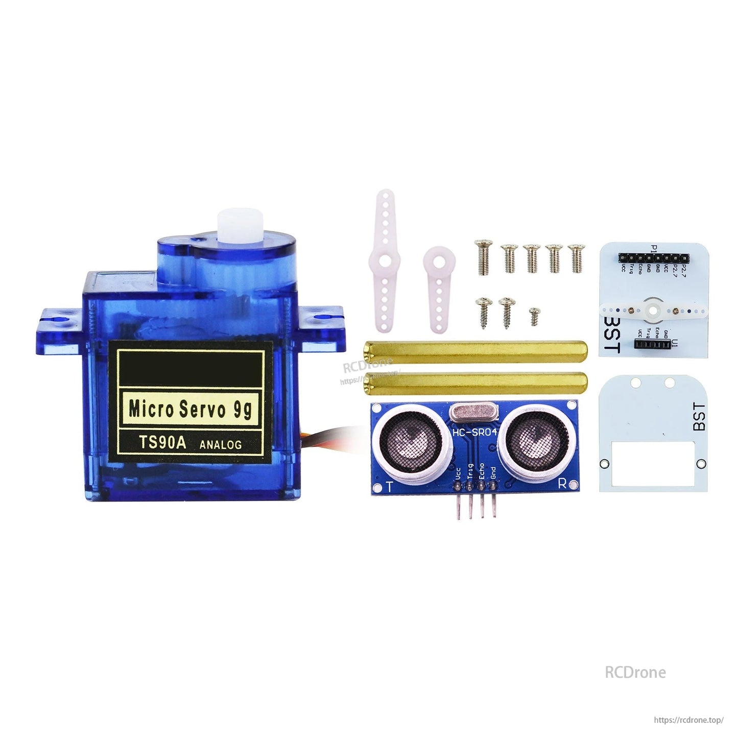 Full kit contents with 9g servo, HC-SR04 ultrasonic module, mounting plates, standoffs, screws, horns