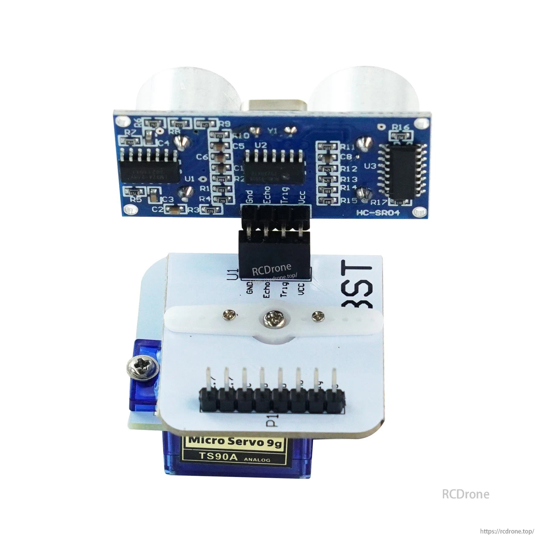 Rear/top view of HC-SR04 ultrasonic board on servo mount showing header pins and wiring connector