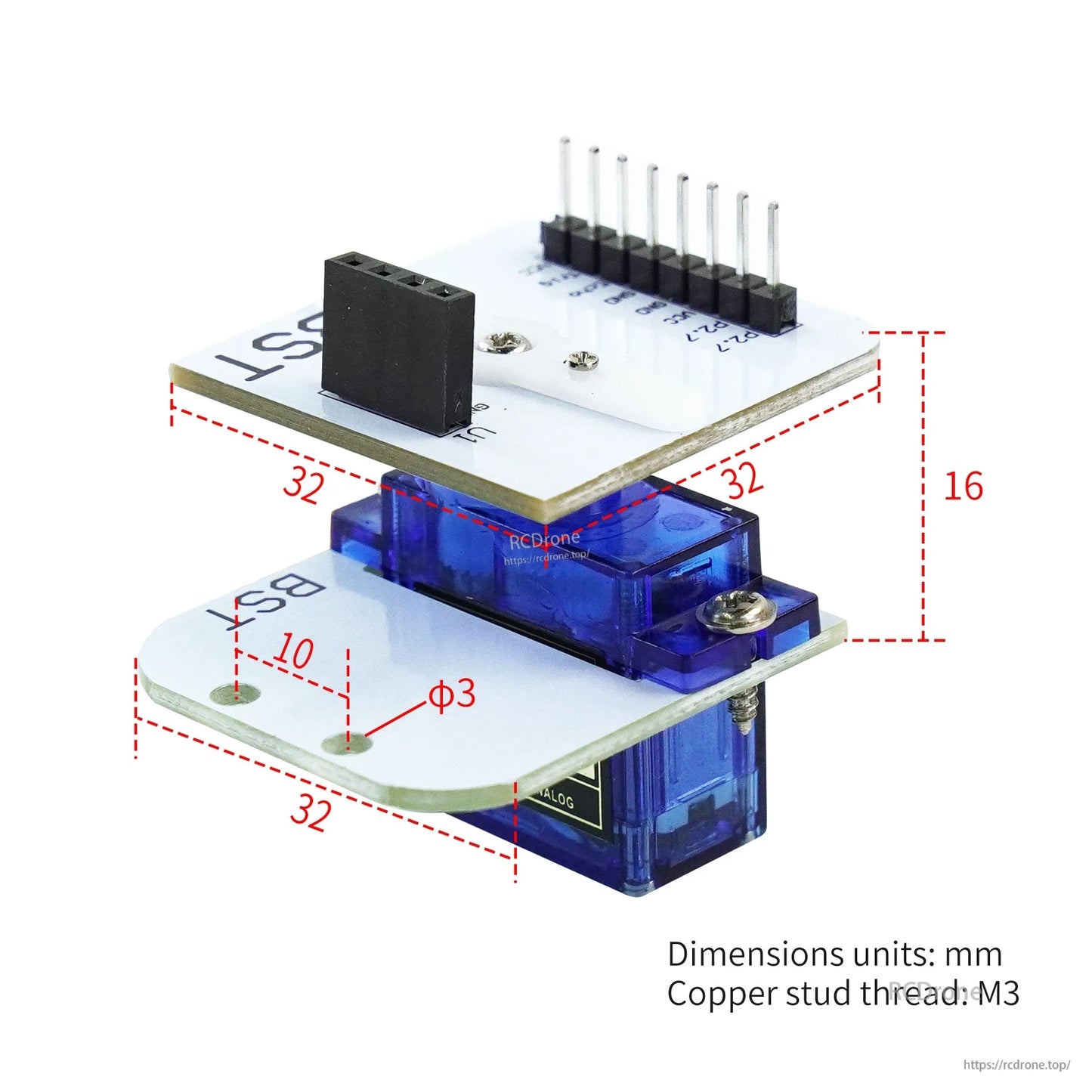 Pan-tilt bracket dimensions in mm with M3 standoff thread detail for micro servo platform