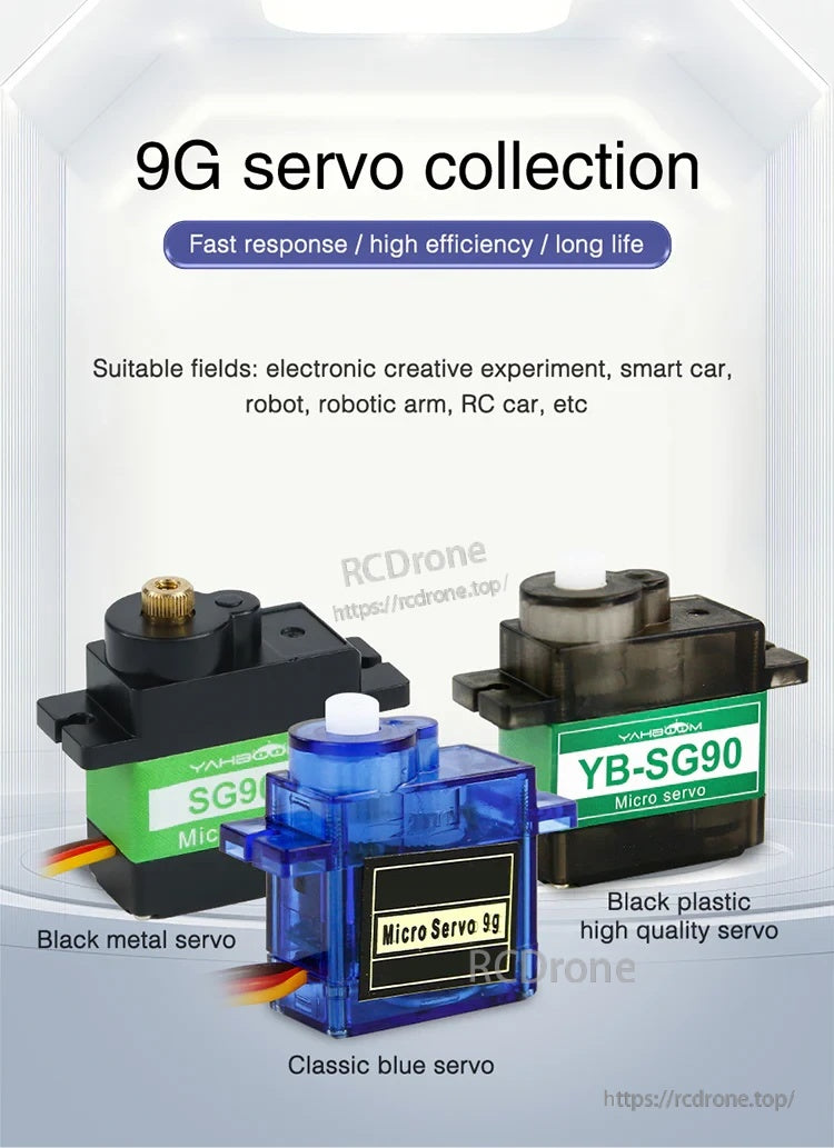 Yahboom YB-SG90 9g Digital Micro Servo collection with classic blue, black high-quality, and metal versions