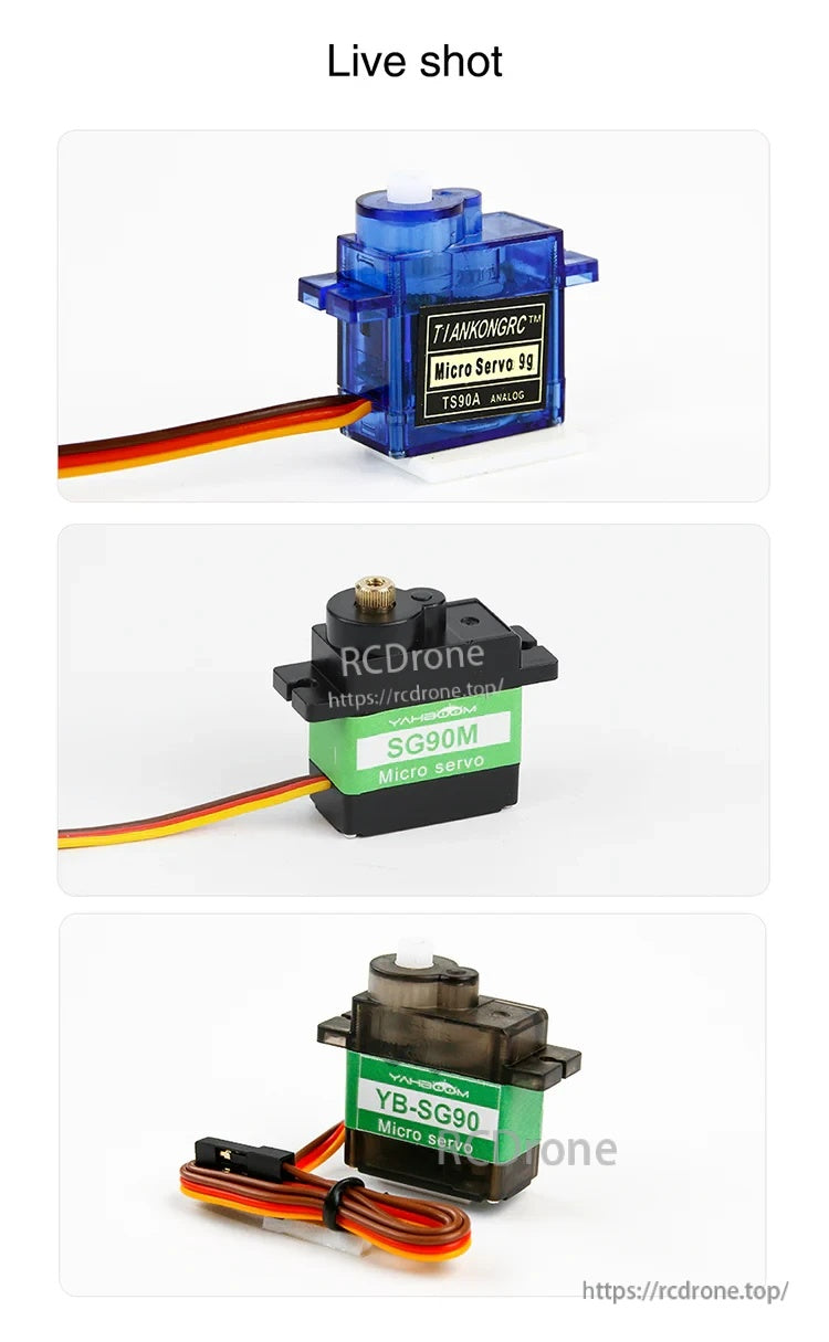 Yahboom YB-SG90 9g Digital Micro Servo live photos showing blue classic, black metal, and black YB-SG90 units