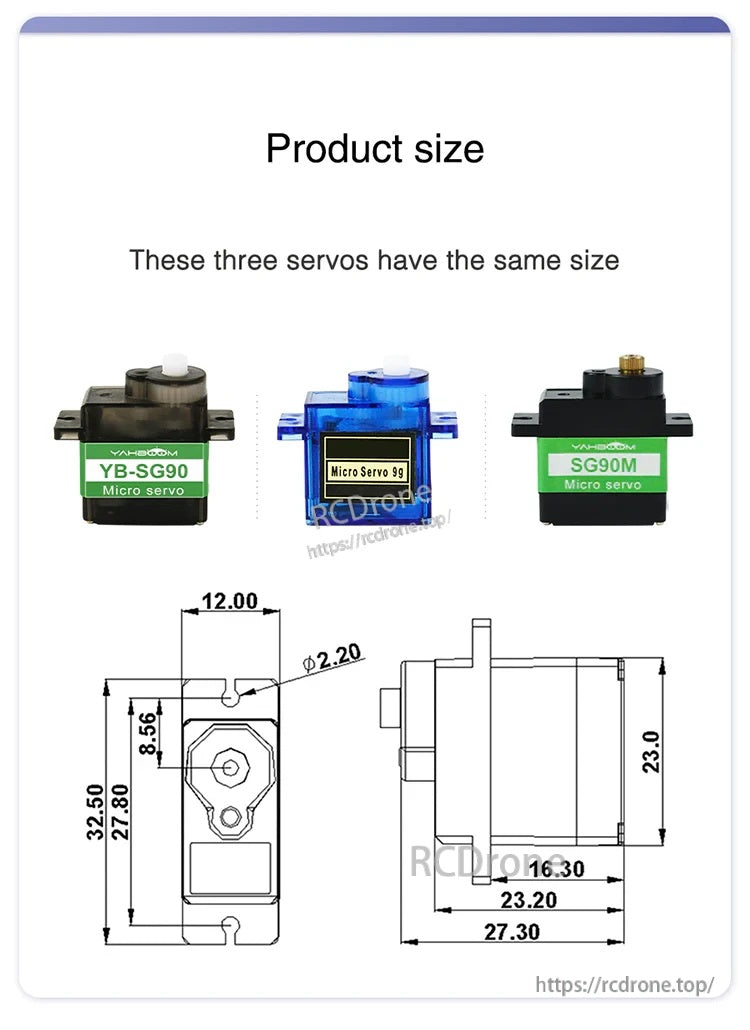 9g micro servo dimensions drawing with overall size measurements and mounting hole spacing