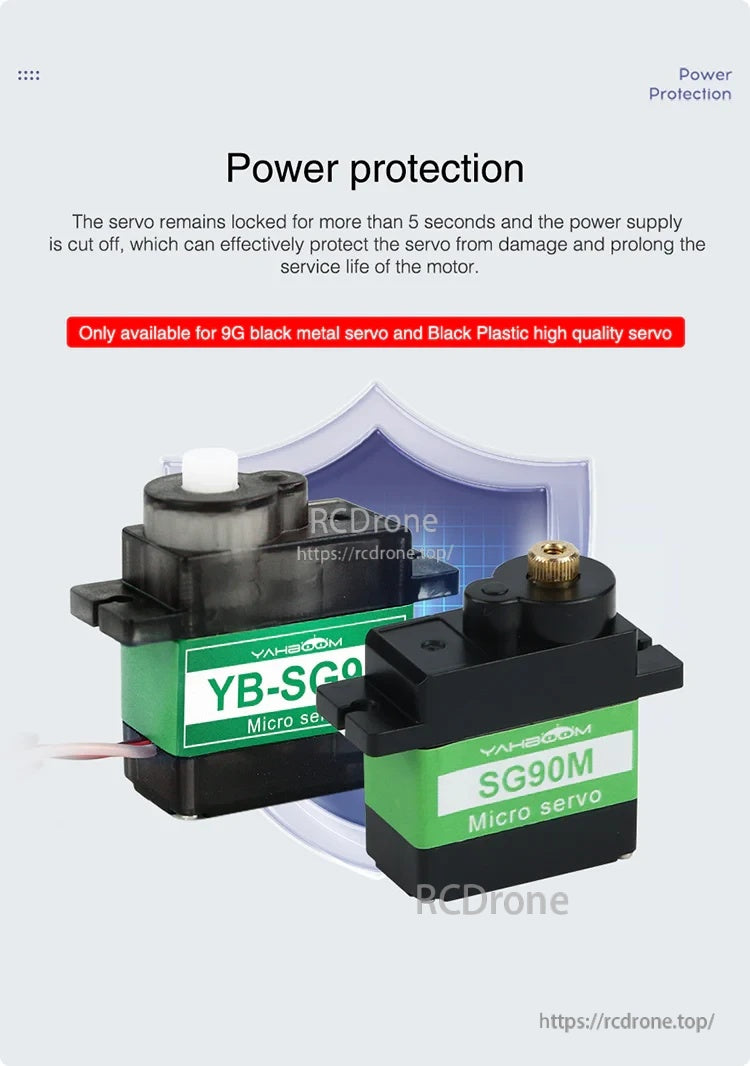 Power protection feature note for select 9g servos, cutting power after prolonged lock to protect the motor