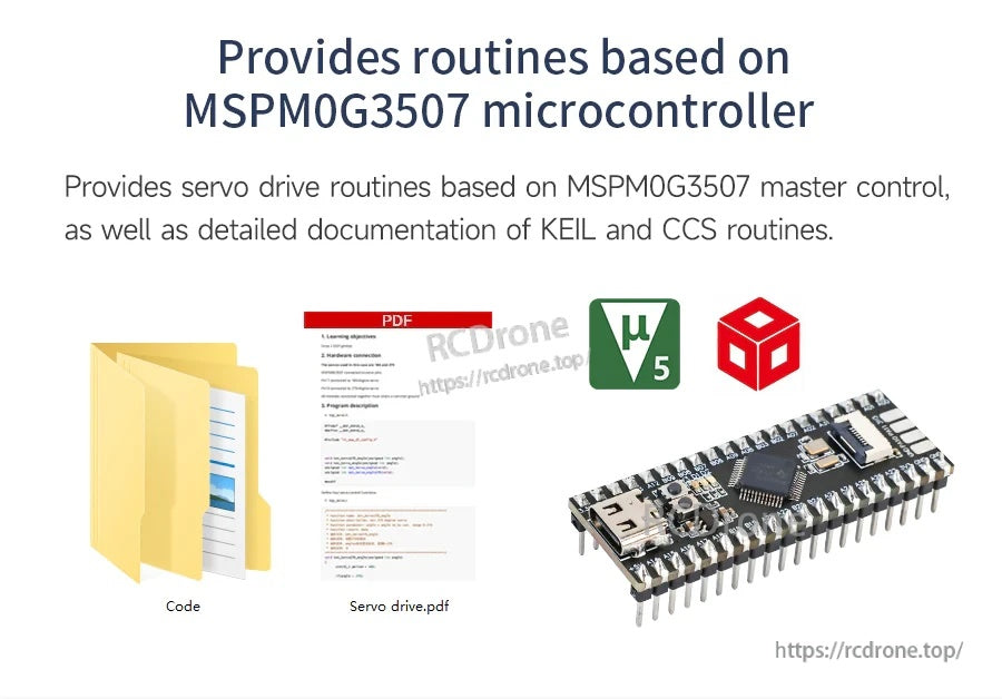 MSPM0G3507 microcontroller servo drive routines and documentation icons for KEIL and CCS