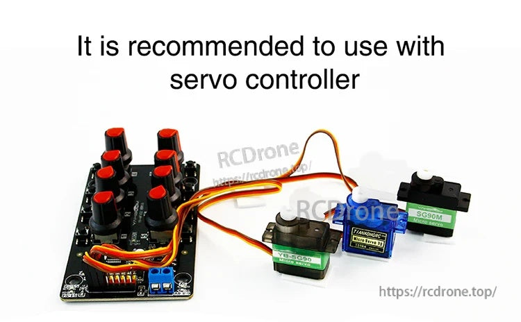 Servo controller connected to multiple 9g servos with 3-wire leads for PWM control testing and setup