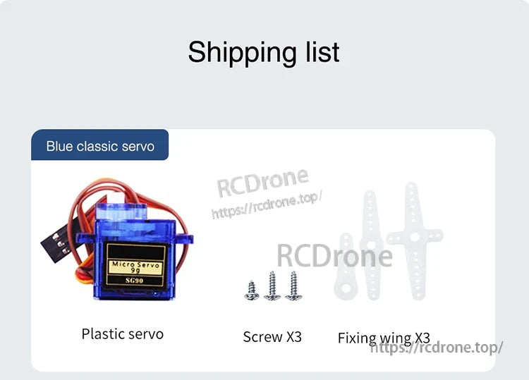 Packing list for blue classic 9g servo: servo unit, three screws, and three servo horns (fixing wings)