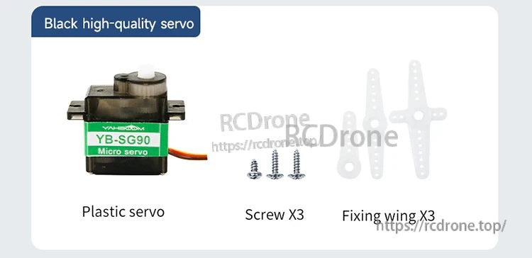 Packing list for black high-quality YB-SG90 servo: servo unit, three screws, and three servo horns (fixing wings)