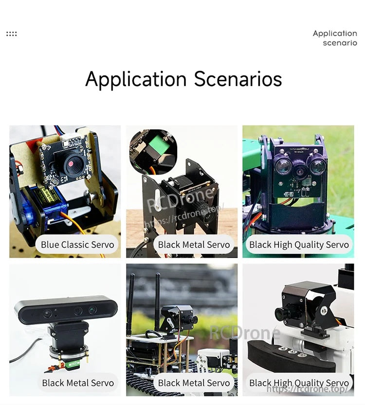 Application scenarios collage showing 9g servos used in robotics, gimbals, and small motion mechanisms