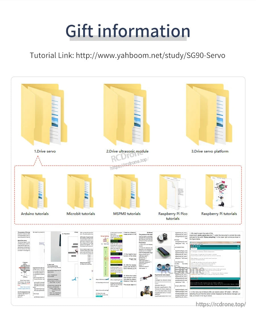Downloadable tutorial and documentation folders for servo, ultrasonic module, and platform setup