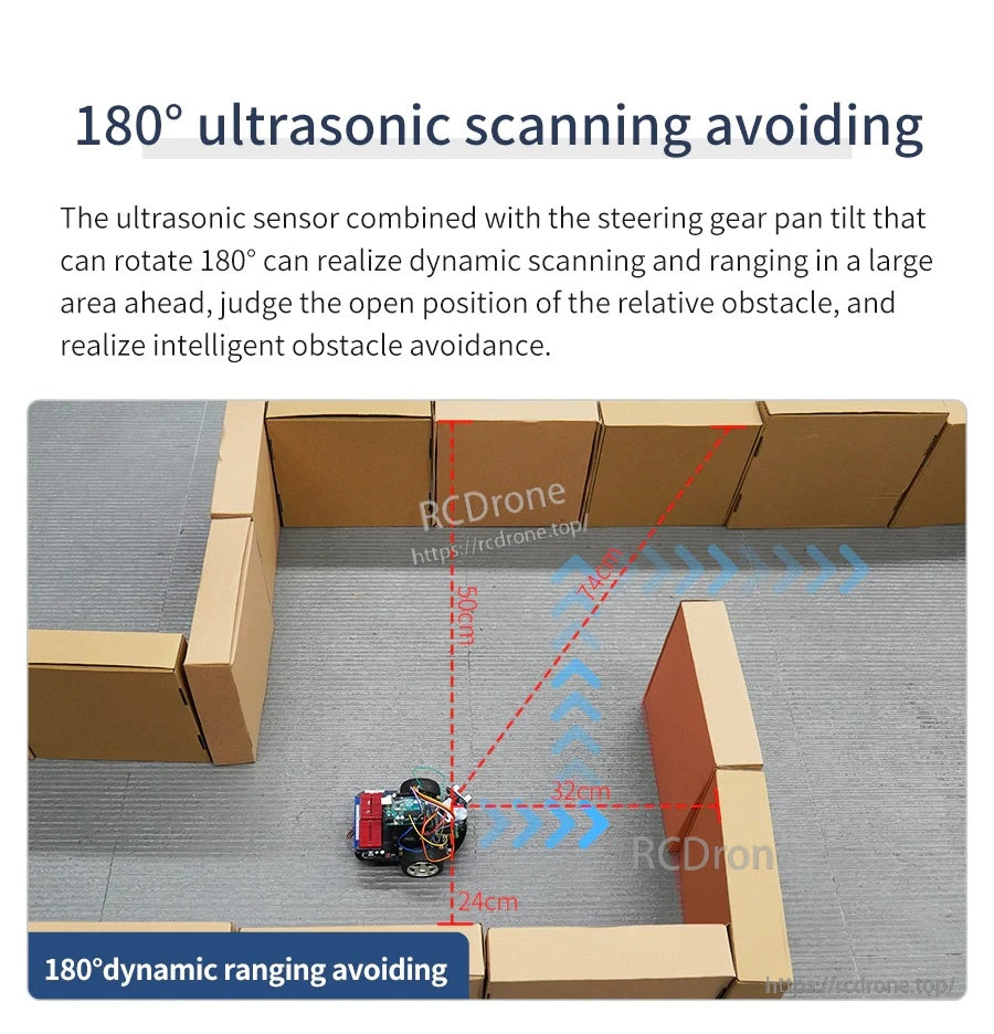 Smart car obstacle avoidance example using 180° ultrasonic scanning and dynamic ranging