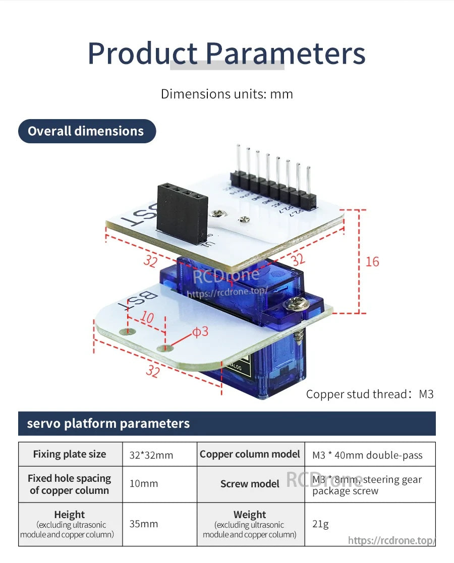 Servo platform dimensions and mounting hole spacing diagram, 32×32 mm fixing plate with M3 hardware