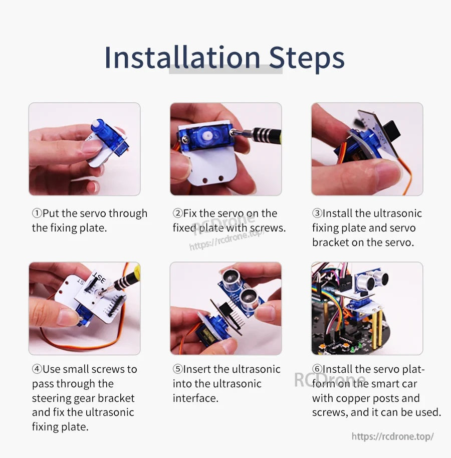 Step-by-step assembly photos for mounting the 9g servo, bracket plates, and ultrasonic sensor module