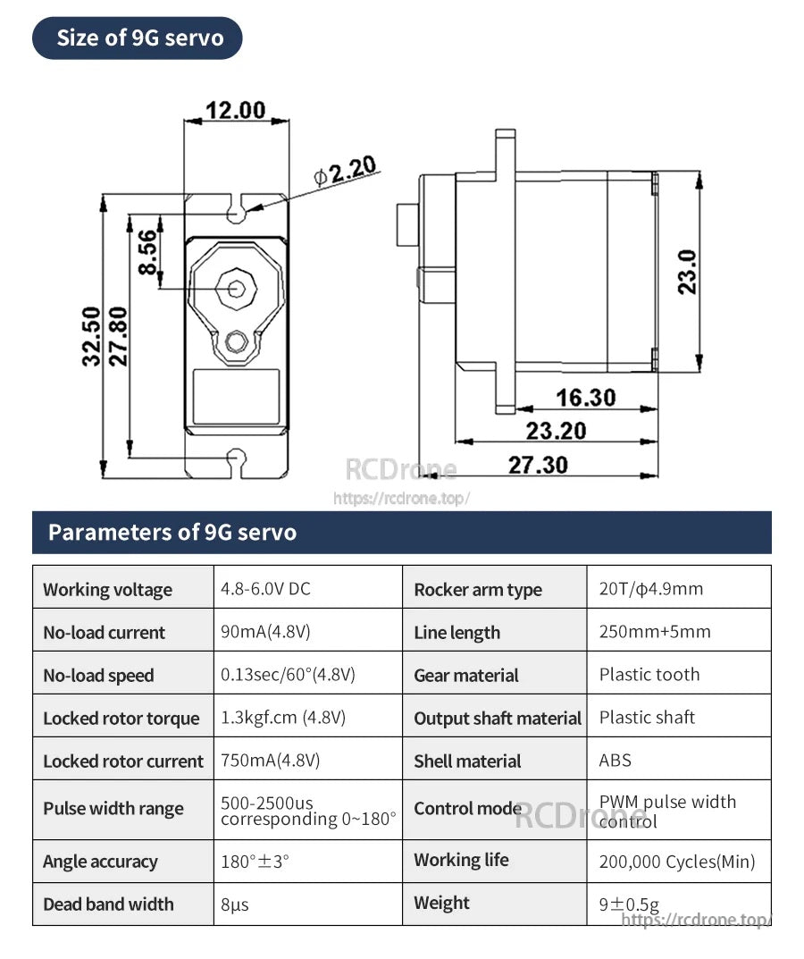 9g micro servo size drawing and specifications table, including 4.8–6V and 500–2500 µs pulse range