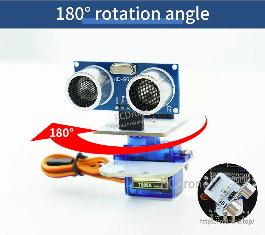 Micro servo platform illustrating 180° rotation range for ultrasonic obstacle avoidance scanning