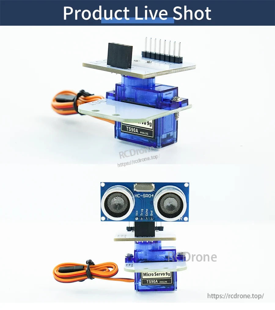Live product photos of the Yahboom SG90 9g servo with mounting platform, with and without HC‑SR04 module