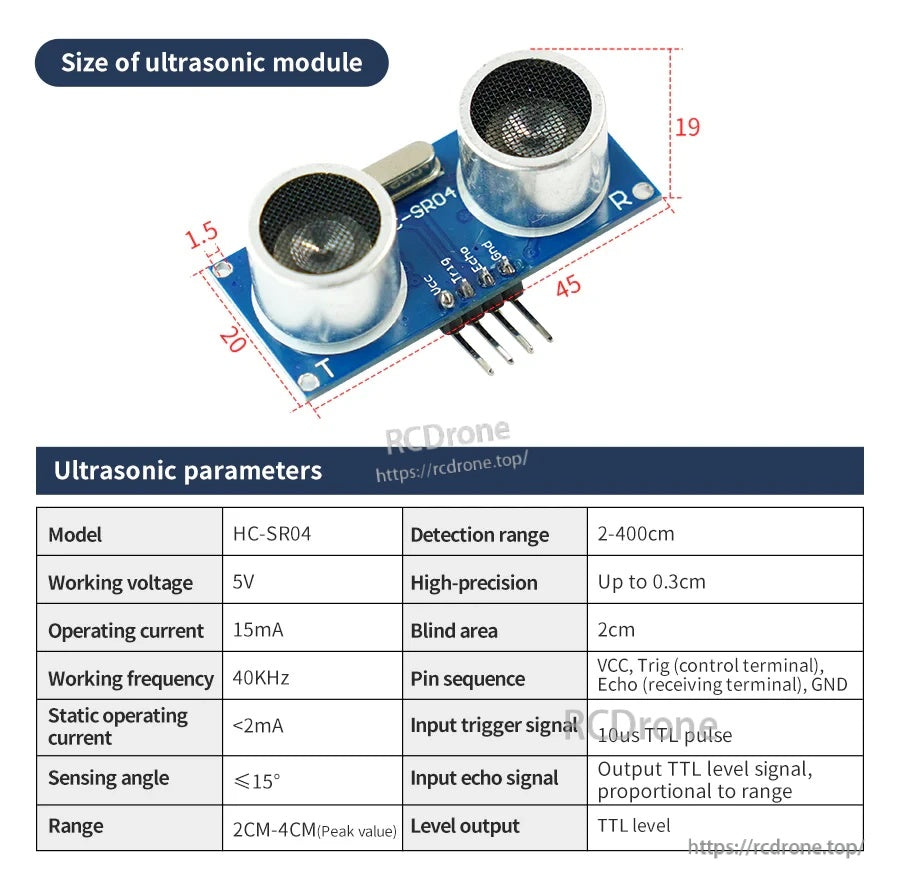 HC‑SR04 ultrasonic module size and parameter table with pin sequence and detection range information