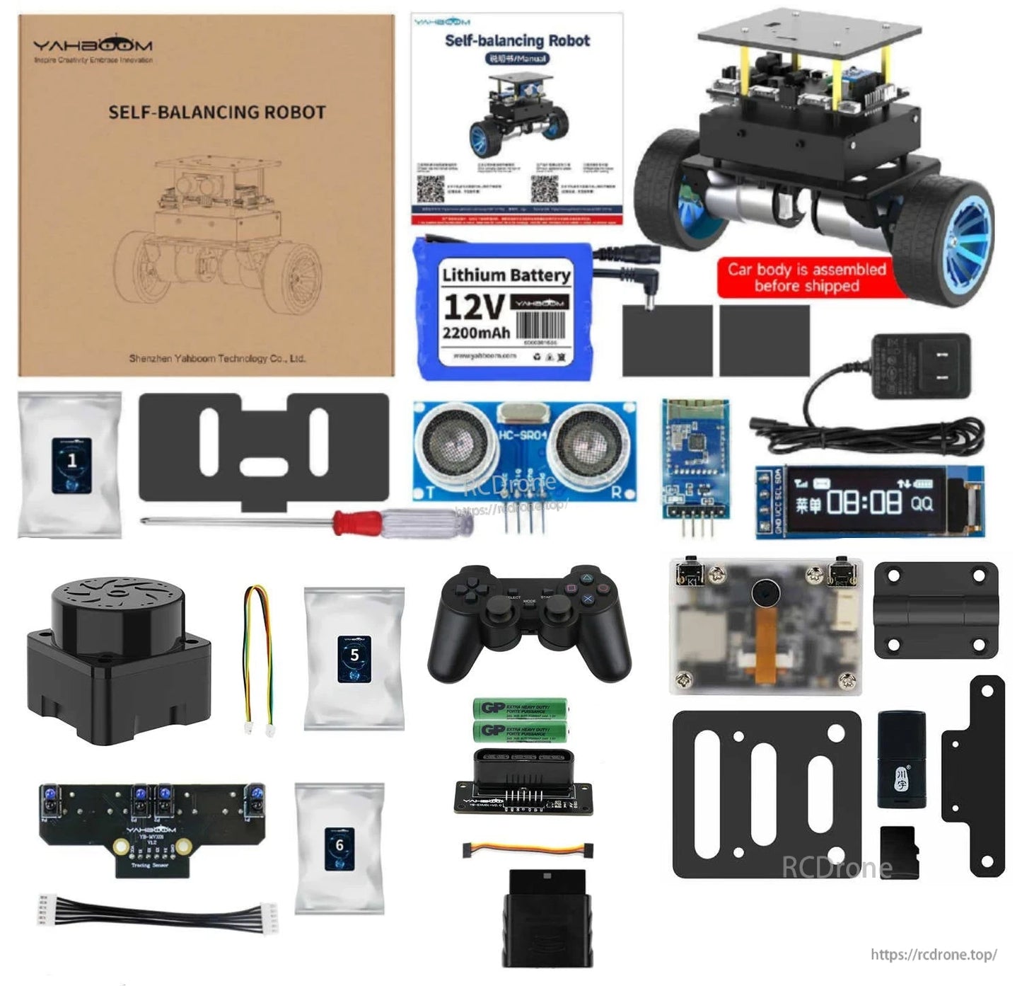 Complete accessory bundle layout showing robot parts, sensors, battery, controller, boards, tools, and plates
