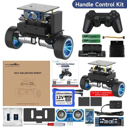 Handle control kit contents layout with gamepad controller, batteries, charger, and robot accessories