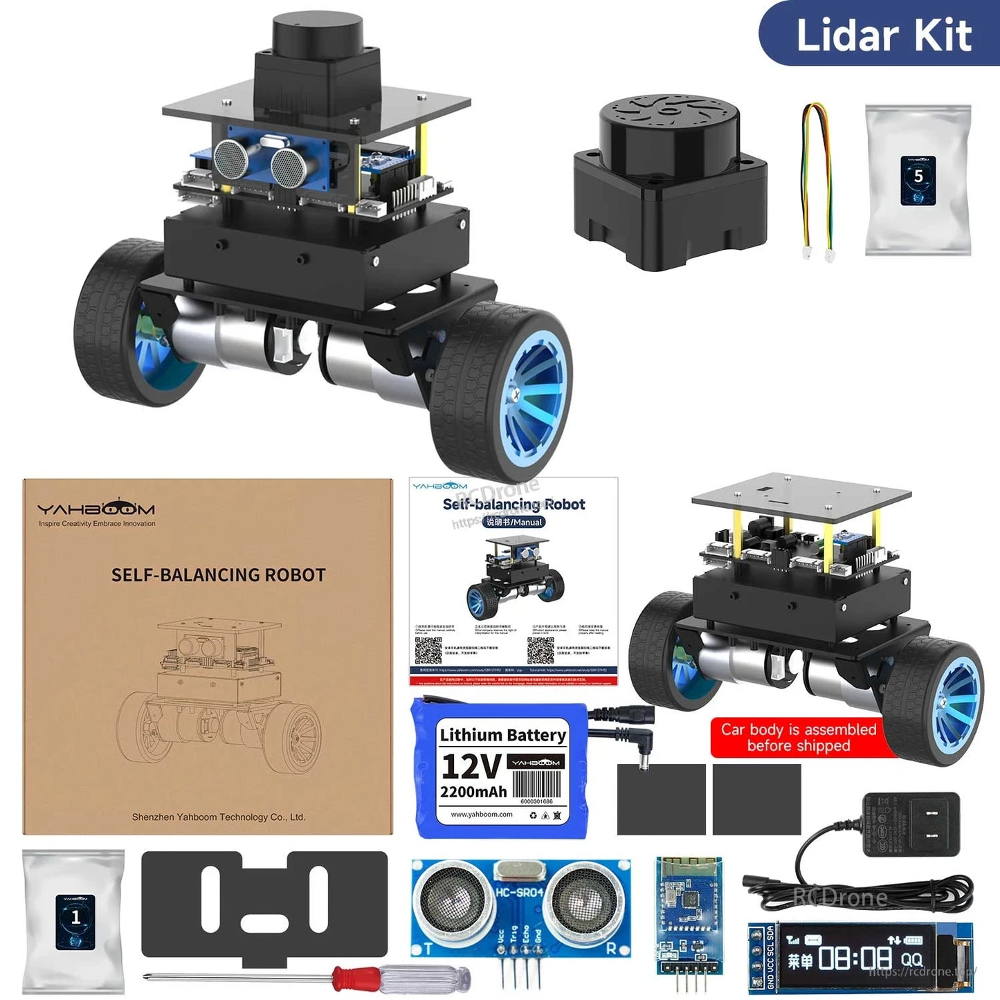 Lidar kit contents layout with lidar sensor module and standard robot accessories