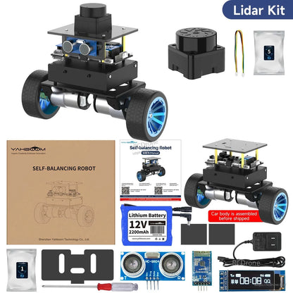 Lidar kit contents layout with lidar sensor module and standard robot accessories